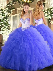 Captivating Beading and Ruffles Ball Gown Prom Dress Blue Lace Up Sleeveless Floor Length