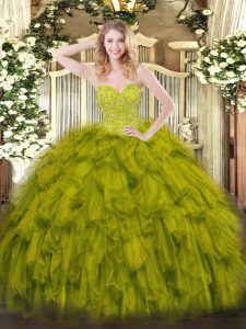 Olive Green Lace Up Sweetheart Beading and Ruffles Quinceanera Gowns Organza Sleeveless