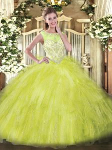 Fitting Yellow Green Ball Gowns Organza Scoop Sleeveless Beading and Ruffles Floor Length Zipper Sweet 16 Quinceanera Dress