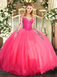 Super Coral Red Ball Gowns Tulle Scoop Long Sleeves Lace Floor Length Lace Up Sweet 16 Quinceanera Dress