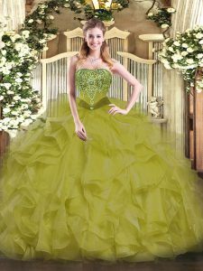 Strapless Sleeveless Quinceanera Dresses Floor Length Beading and Ruffles Olive Green Organza