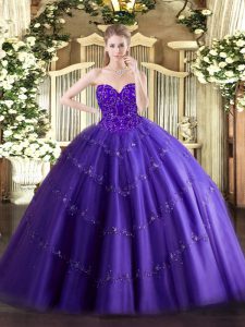 Appliques 15 Quinceanera Dress Purple Lace Up Sleeveless Floor Length