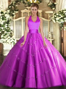 Sleeveless Floor Length Appliques Lace Up 15th Birthday Dress with Fuchsia