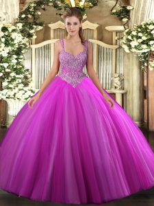 Fuchsia Sleeveless Tulle Lace Up 15 Quinceanera Dress for Military Ball and Sweet 16 and Quinceanera