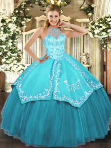 Aqua Blue Ball Gowns Halter Top Sleeveless Satin and Tulle Floor Length Lace Up Beading and Embroidery Quinceanera Dress