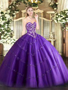 Admirable Sleeveless Tulle Floor Length Zipper Quinceanera Gown in Purple with Beading and Appliques