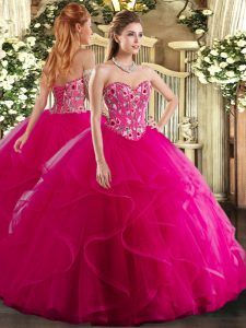 Cheap Organza Sweetheart Sleeveless Lace Up Embroidery and Ruffles Vestidos de Quinceanera in Fuchsia