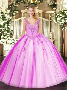 Lilac Sleeveless Beading Floor Length Quinceanera Gowns