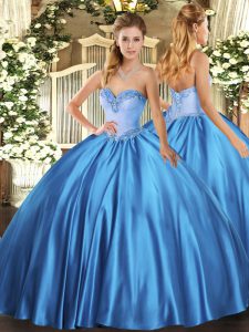 Baby Blue Satin Lace Up Sweetheart Sleeveless Floor Length Quinceanera Dresses Beading