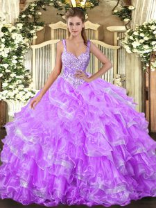 Graceful Floor Length Ball Gowns Sleeveless Lilac Quince Ball Gowns Lace Up