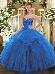 Amazing Blue Ball Gowns Beading and Ruffles Vestidos de Quinceanera Lace Up Tulle Sleeveless Floor Length