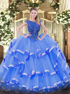 Sleeveless Floor Length Beading and Ruffled Layers Zipper 15 Quinceanera Dress with Blue