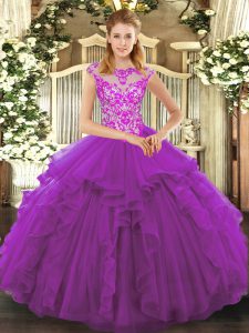 Floor Length Purple Sweet 16 Dress Organza Cap Sleeves Beading and Ruffles