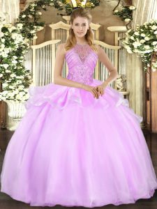 Ball Gowns Quinceanera Dresses Lilac Halter Top Organza Sleeveless Floor Length Lace Up