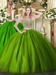 Traditional Olive Green Lace Up Scoop Beading Sweet 16 Quinceanera Dress Tulle Sleeveless