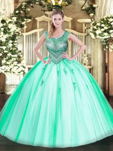 Shining Scoop Sleeveless Lace Up 15 Quinceanera Dress Apple Green Tulle