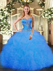 Deluxe Blue Ball Gowns Organza Sweetheart Sleeveless Beading and Ruffles Floor Length Lace Up Custom Made
