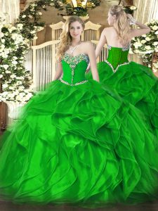 Trendy Sweetheart Sleeveless Quinceanera Dresses Floor Length Beading and Ruffles Green Organza