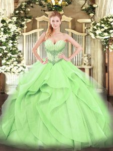 Eye-catching Floor Length Lace Up 15th Birthday Dress Yellow Green for Military Ball and Sweet 16 and Quinceanera with Beading and Ruffles
