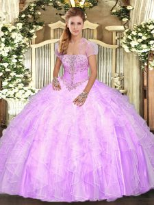 Customized Ball Gowns 15th Birthday Dress Lilac Strapless Tulle Sleeveless Floor Length Lace Up