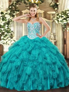 Beauteous Teal Sweet 16 Dresses Military Ball and Sweet 16 and Quinceanera with Beading and Ruffles Sweetheart Sleeveless Lace Up