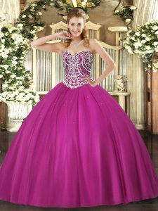 Ideal Fuchsia Tulle Lace Up Sweet 16 Dresses Sleeveless Floor Length Beading