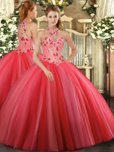 Designer Coral Red Tulle Lace Up Quinceanera Gown Sleeveless Floor Length Embroidery