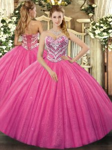 Hot Pink Tulle Lace Up 15 Quinceanera Dress Sleeveless Floor Length Beading