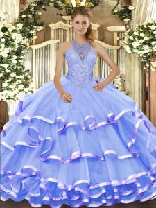 Fashionable Blue Sleeveless Floor Length Beading and Ruffled Layers Lace Up Quinceanera Dress