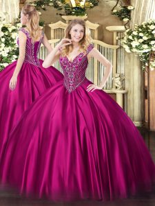 Fantastic Fuchsia Lace Up Ball Gown Prom Dress Beading Sleeveless Floor Length