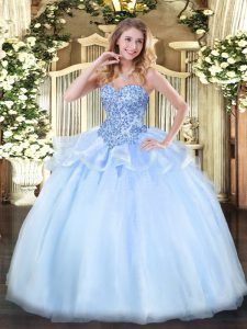 Exquisite Light Blue Ball Gowns Organza Sweetheart Sleeveless Appliques Floor Length Lace Up 15th Birthday Dress