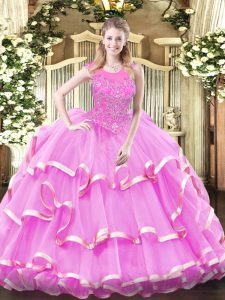 Delicate Lilac Quinceanera Gown Military Ball and Sweet 16 and Quinceanera with Beading and Ruffled Layers Scoop Sleeveless Zipper