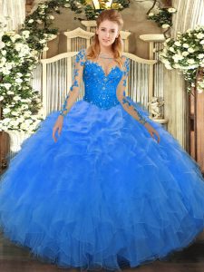 Dynamic Blue Long Sleeves Organza Lace Up 15th Birthday Dress for Military Ball and Sweet 16 and Quinceanera