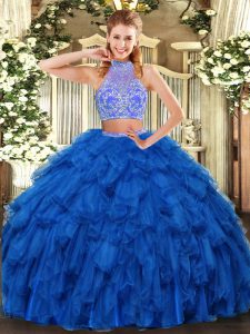 Free and Easy Sleeveless Floor Length Beading and Ruffles Criss Cross Ball Gown Prom Dress with Royal Blue