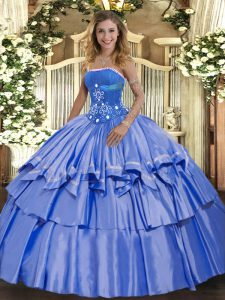 Adorable Floor Length Blue Quinceanera Gown Organza and Taffeta Sleeveless Beading and Ruffled Layers
