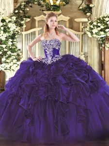 Hot Sale Purple Organza Lace Up Vestidos de Quinceanera Sleeveless Floor Length Beading and Ruffles