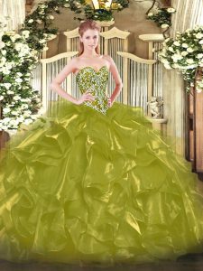 Charming Olive Green Sleeveless Organza Lace Up Sweet 16 Quinceanera Dress for Military Ball and Sweet 16 and Quinceanera