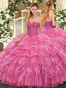 New Style Rose Pink Ball Gowns Beading and Ruffled Layers and Pick Ups 15th Birthday Dress Lace Up Organza Sleeveless Floor Length