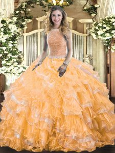 Fitting Orange High-neck Neckline Beading and Ruffled Layers Party Dresses Sleeveless Lace Up
