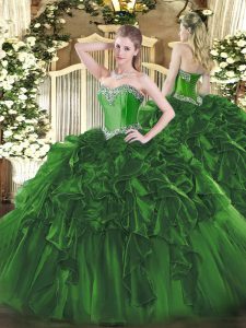 Beautiful Dark Green Sleeveless Floor Length Beading and Ruffles Lace Up Quince Ball Gowns
