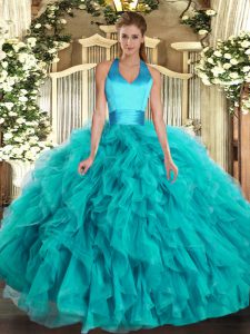 Romantic Turquoise Ball Gowns Halter Top Sleeveless Organza Floor Length Lace Up Ruffles Quince Ball Gowns