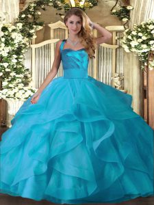 Stylish Baby Blue Ball Gowns Ruffles Quince Ball Gowns Lace Up Tulle Sleeveless Floor Length