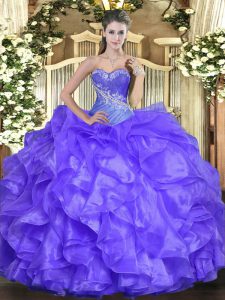 Lavender Ball Gowns Organza Sweetheart Sleeveless Beading and Ruffles Floor Length Lace Up Quinceanera Dresses