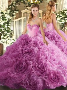 Floor Length Lace Up Quinceanera Dresses Rose Pink for Military Ball and Sweet 16 and Quinceanera with Beading