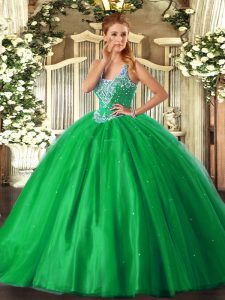 Wonderful Floor Length Green Sweet 16 Dress Tulle Sleeveless Beading