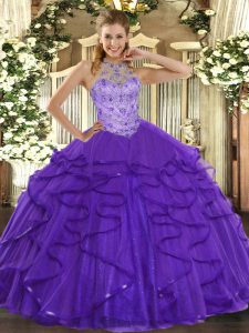 Best Selling Floor Length Lace Up Sweet 16 Quinceanera Dress Purple for Military Ball and Sweet 16 and Quinceanera with Beading and Ruffles