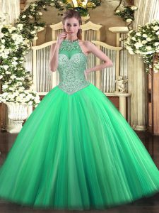 Green Ball Gowns Halter Top Sleeveless Tulle Floor Length Lace Up Beading Military Ball Gowns