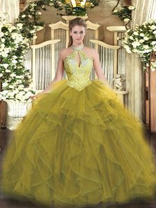 Olive Green Quinceanera Dress Military Ball and Sweet 16 and Quinceanera with Beading and Ruffles Halter Top Sleeveless Lace Up