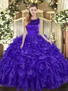 Sleeveless Organza Floor Length Lace Up Sweet 16 Dresses in Purple with Ruffles