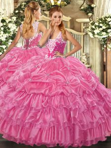 Shining Rose Pink Lace Up Sweet 16 Dresses Beading and Ruffled Layers and Pick Ups Sleeveless Floor Length